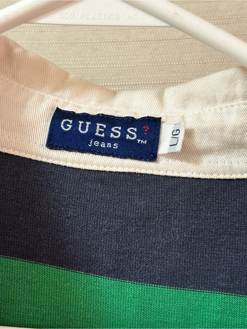 Vintage Y2K GUESS Jeans Rugby Shirt Green Blue Striped Oversized Long Sleeve - Picture 2 of 6